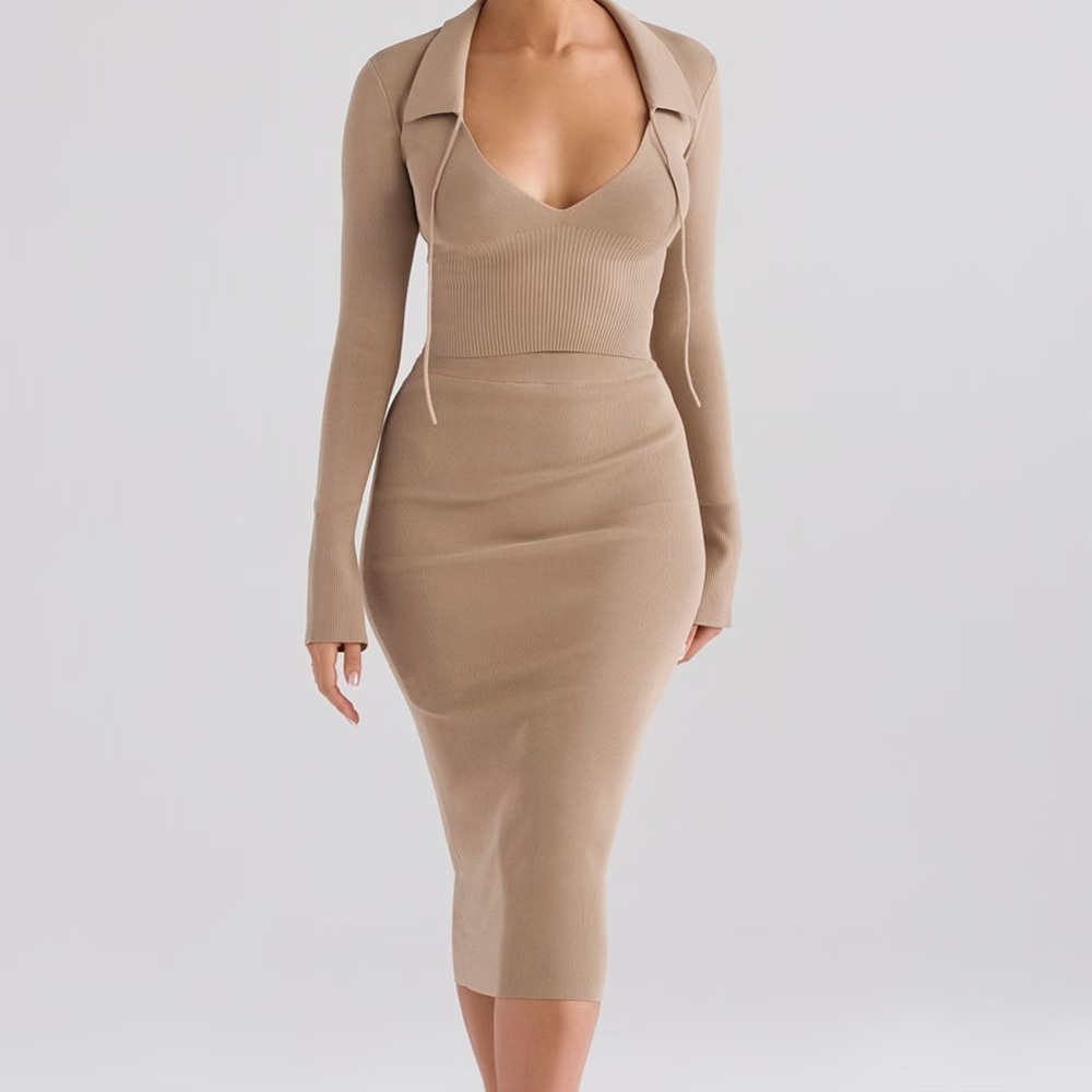 house of cb heather knit midi skirt small in camel